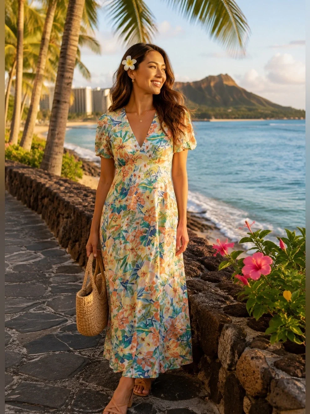 Billabong | Tropical Floral Empire Waist Midi Dress - Size Large